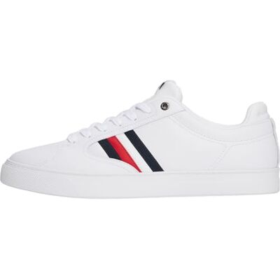 Tommy Hilfiger Herren Cupsole Sneaker Icon Court Stripes aus Leder, Weiß (White), 48 Tommy Hilfiger Herren Cupsole Sneaker Icon Court Stripes aus Leder, Weiß (White), 48