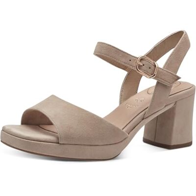 Tamaris Damen Wide Fit Damen Sandalen mit Absatz aus Leder mit verstellbarem Riemen, braun (beige Suede), 38 EU Tamaris Damen Wide Fit Damen Sandalen mit Absatz aus Leder mit verstellbarem Riemen, braun (beige Suede), 38 EU