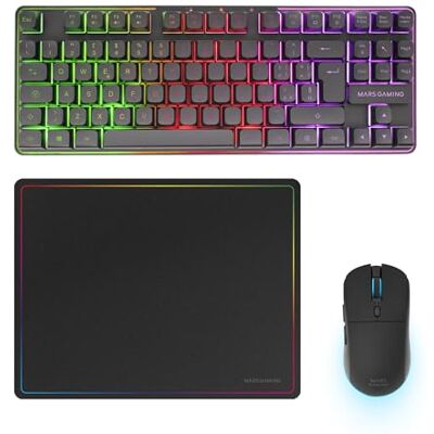 Mars Gaming MCPWTKL, Italienisch, Kabelloses Gaming-Combo, DualPro Link 2.4GPRO-Technologie, TKL FRGB Rainbow Tastatur + RGB 3200DPI Maus mit HUANO-Switches + rutschfeste 360x260mm-Mausmatte, Schwarz Mars Gaming MCPWTKL, Italienisch, Kabelloses Gaming-Combo, DualPro Link 2.4GPRO-Technologie, TKL FRGB Rainbow Tastatur + RGB 3200DPI Maus mit HUANO-Switches + rutschfeste 360x260mm-Mausmatte, Schwarz