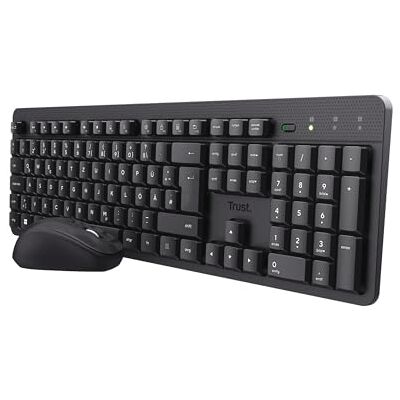 Trust Ymo II Leise Tastatur Maus Set Kabellos Deutsches QWERTZ Layout, Flachen Tasten, Spritzwassergeschützt, Beidhändig Funkmaus 800-1600 DPI, EIN USB-Empfänger, für PC, Computer, Laptop, Mac Trust Ymo II Leise Tastatur Maus Set Kabellos Deutsches QWERTZ Layout, Flachen Tasten, Spritzwassergeschützt, Beidhändig Funkmaus 800-1600 DPI, EIN USB-Empfänger, für PC, Computer, Laptop, Mac