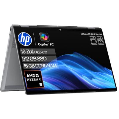 HP OmniBook X Flip, 16" WUXGA, AMD Ryzen AI 5, 16GB RAM, 512GB SSD Copilot+ Premium 2-in-1 Laptop für Kreativarbeit, Business und flexible Nutzung unterwegs inkl. Netzteil, QWERTZ, Silber HP OmniBook X Flip, 16" WUXGA, AMD Ryzen AI 5, 16GB RAM, 512GB SSD Copilot+ Premium 2-in-1 Laptop für Kreativarbeit, Business und flexible Nutzung unterwegs inkl. Netzteil, QWERTZ, Silber