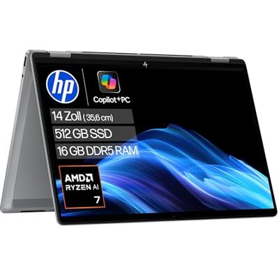 HP OmniBook X Flip 2-in-1 Laptop (14" 2K Touchscreen, AMD Ryzen AI 7, Copilot+, 16GB RAM, 512GB, Win11, QWERTZ) Silber HP OmniBook X Flip 2-in-1 Laptop (14" 2K Touchscreen, AMD Ryzen AI 7, Copilot+, 16GB RAM, 512GB, Win11, QWERTZ) Silber
