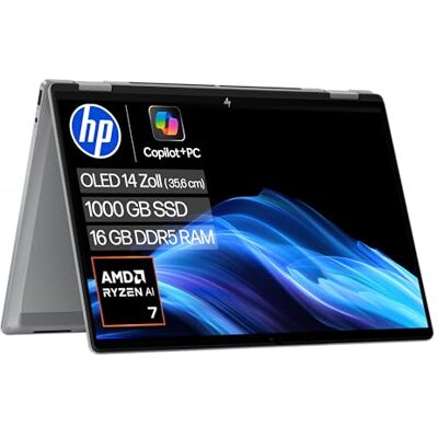 HP OmniBook X Flip 2in1 Next Gen AI Laptop AMD Ryzen AI 7 350 (8C) dedizierte NPU für KI 50 NPU Tops Copilot+ PC 14" 3K 2880x1800 OLED-Touchscreen 16GB 1TB SSD Win11 QWERTZ Silber HP OmniBook X Flip 2in1 Next Gen AI Laptop AMD Ryzen AI 7 350 (8C) dedizierte NPU für KI 50 NPU Tops Copilot+ PC 14" 3K 2880x1800 OLED-Touchscreen 16GB 1TB SSD Win11 QWERTZ Silber