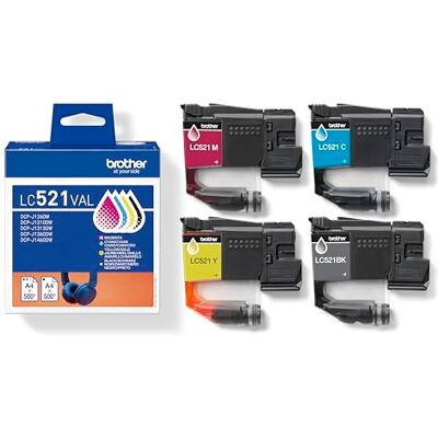 Brother Tintenpatronen LC521VAL, Value Pack (C/M/Y/BK) Schwarz/Cyan/Magenta/Gelb, Multipack, inklusive 4 x Tintenstrahlpatronen, Originalzubehör Brother Tintenpatronen LC521VAL, Value Pack (C/M/Y/BK) Schwarz/Cyan/Magenta/Gelb, Multipack, inklusive 4 x Tintenstrahlpatronen, Originalzubehör