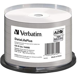 Verbatim CD-R 700MB 52-fache Brenngeschwindigkeit CD-Rohlinge Groß Bedruckbar DataLifePlus 50-Stück Spindel Verbatim CD-R 700MB 52-fache Brenngeschwindigkeit CD-Rohlinge Groß Bedruckbar DataLifePlus 50-Stück Spindel