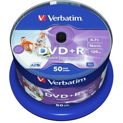 Verbatim DVD+R 4.7GB 16-fache Brenngeschwindigkeit DVD-Rohlinge Bedruckbar 50-Stück Spindel Verbatim DVD+R 4.7GB 16-fache Brenngeschwindigkeit DVD-Rohlinge Bedruckbar 50-Stück Spindel