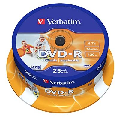 Verbatim DVD-R Wide Inkjet Printable 4.7GB I 25er Pack Spindel I DVD Rohlinge bedruckbar I 16-fache Brenngeschwindigkeit & Hardcoat Scratch Guard I DVD-R Rohlinge printable I DVD leer, 1206436, Spindle, 25 St. bedruckbar Verbatim DVD-R Wide Inkjet Printable 4.7GB I 25er Pack Spindel I DVD Rohlinge bedruckbar I 16-fache Brenngeschwindigkeit & Hardcoat Scratch Guard I DVD-R Rohlinge printable I DVD leer, 1206436, Spindle, 25 St. bedruckbar