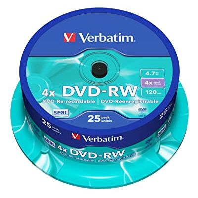 Verbatim DVD-RW 4,7GB 4X 25er Spindel Matt Silver Wiederbeschreibbar Wiederbeschreibbare DVD-RW 4,7GB mit Hardcoat Scratch Guard und 4x Brenngeschwindigkeit im 25er Pack Verbatim DVD-RW 4,7GB 4X 25er Spindel Matt Silver Wiederbeschreibbar Wiederbeschreibbare DVD-RW 4,7GB mit Hardcoat Scratch Guard und 4x Brenngeschwindigkeit im 25er Pack