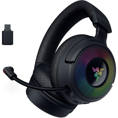 Razer Kraken V4 Kabelloses PC Gaming-Headset (3-Modi-Konnektivität, Triforce 40mm Treiber, 9-Zonen-RGB-Beleuchtung der Ohrmuscheln, Mix- und Lautstärkeregelung, THX Spatial Audio) Schwarz Razer Kraken V4 Kabelloses PC Gaming-Headset (3-Modi-Konnektivität, Triforce 40mm Treiber, 9-Zonen-RGB-Beleuchtung der Ohrmuscheln, Mix- und Lautstärkeregelung, THX Spatial Audio) Schwarz