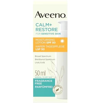 Aveeno CALM+RESTORE Hafer Tagespflege LSF 50 (50ml), Breitband-Spektrum UVA/UVB, beruhigt empfindliche Haut, langanhaltende Feuchtigkeit, hoher Sonnenschutz, parfümfrei Aveeno CALM+RESTORE Hafer Tagespflege LSF 50 (50ml), Breitband-Spektrum UVA/UVB, beruhigt empfindliche Haut, langanhaltende Feuchtigkeit, hoher Sonnenschutz, parfümfrei