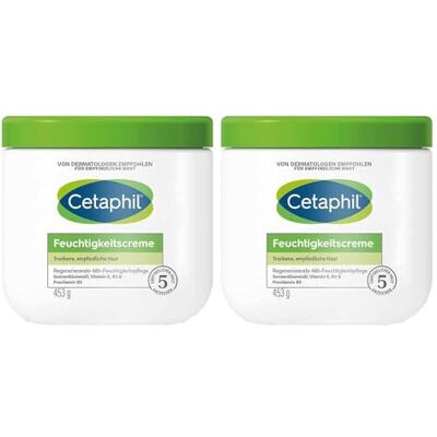 Cetaphil Feuchtigkeitscreme, 2x453g, Für trockene, empfindliche Haut, Spendet intensiv 48h Feuchtigkeit und stärkt die Widerstandskraft, Mit Vit B3, Provitamin B5, Sonnenblumenöl, Mandelöl, Glycerin Cetaphil Feuchtigkeitscreme, 2x453g, Für trockene, empfindliche Haut, Spendet intensiv 48h Feuchtigkeit und stärkt die Widerstandskraft, Mit Vit B3, Provitamin B5, Sonnenblumenöl, Mandelöl, Glycerin