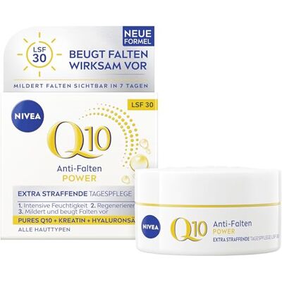 NIVEA Anti-Falten POWER Q10 Extra Straffende Tagespflege LSF 30, Gesichtspflege mildert & beugt Falten vor, straffende Tagescreme mit purem Q10, Kreatin & Hyaluronsäure (50 ml) NIVEA Anti-Falten POWER Q10 Extra Straffende Tagespflege LSF 30, Gesichtspflege mildert & beugt Falten vor, straffende Tagescreme mit purem Q10, Kreatin & Hyaluronsäure (50 ml)