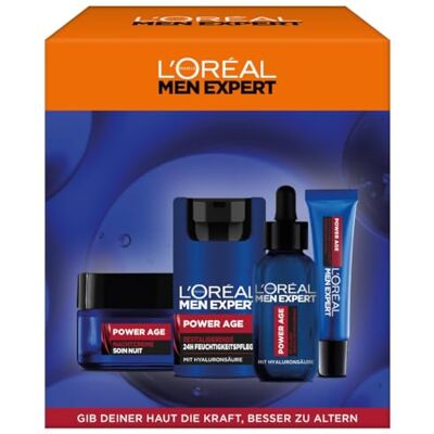 L'Oreal Paris L'Oréal Men Expert Pflegeset gegen Falten für Männer, Geschenkset mit Augenpflege, Serum, Tag & Nachtcreme, Geschenke für Herren mit Hyaluronsäure, Power Age, 2 x 50 ml, 1 x 30 ml, 1 x 15 ml L'Oreal Paris L'Oréal Men Expert Pflegeset gegen Falten für Männer, Geschenkset mit Augenpflege, Serum, Tag & Nachtcreme, Geschenke für Herren mit Hyaluronsäure, Power Age, 2 x 50 ml, 1 x 30 ml, 1 x 15 ml