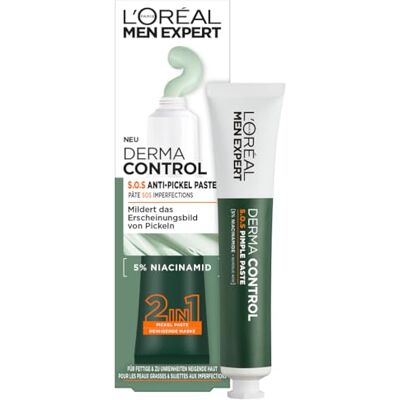 L'Oréal S.O.S 2in1 Pickelpaste für Männer, Auch als Gesichtsmaske für unreine & zu Akne neigende Haut, Anti-Pickel Gesichtsreinigung für Herren mit 5% Niacinamide, Derma Control, 1 x 45 ml L'Oréal S.O.S 2in1 Pickelpaste für Männer, Auch als Gesichtsmaske für unreine & zu Akne neigende Haut, Anti-Pickel Gesichtsreinigung für Herren mit 5% Niacinamide, Derma Control, 1 x 45 ml