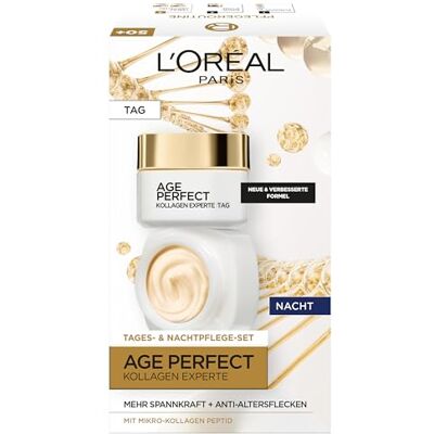 L'Oreal Paris L'Oréal Paris Gesichtspflegeset, Anti-Aging Tag und Nacht Feuchtigkeitspflege für straffere Haut, mit Kollagen-Peptid, Age Perfect Kollagen Experte Gesichtscremes, 2 x 50ml L'Oreal Paris L'Oréal Paris Gesichtspflegeset, Anti-Aging Tag und Nacht Feuchtigkeitspflege für straffere Haut, mit Kollagen-Peptid, Age Perfect Kollagen Experte Gesichtscremes, 2 x 50ml