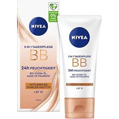 Beiersdorf NIVEA 5 IN 1 Tagespflege BB 24h Feuchtigkeit LSF 15, getönte Tagescreme für mittlere bis dunkle Hauttypen, Gesichtscreme mit Bio Jojoba-Öl und Make-Up Pigmenten Beiersdorf NIVEA 5 IN 1 Tagespflege BB 24h Feuchtigkeit LSF 15, getönte Tagescreme für mittlere bis dunkle Hauttypen, Gesichtscreme mit Bio Jojoba-Öl und Make-Up Pigmenten