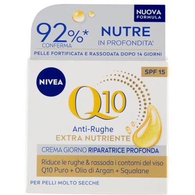 NIVEA Q10 Anti-Falten-Creme, extra pflegende Tagescreme SPF 15, 50 ml, Anti-Falten-Gesichtscreme, feuchtigkeitsspendende Gesichtscreme, trockene und reife Haut mit Coenzym Q10, Arganöl und Squalane NIVEA Q10 Anti-Falten-Creme, extra pflegende Tagescreme SPF 15, 50 ml, Anti-Falten-Gesichtscreme, feuchtigkeitsspendende Gesichtscreme, trockene und reife Haut mit Coenzym Q10, Arganöl und Squalane