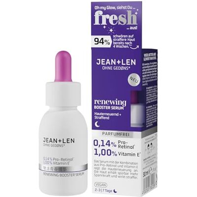 Jean & Len Renewing Booster Serum, ideal für jeden Hauttyp, steigert die Elastizität & Spannkraft der Haut, mit Pro-Retinol* und Vitamin E**, parfümfrei, vegan, 30 ml Jean & Len Renewing Booster Serum, ideal für jeden Hauttyp, steigert die Elastizität & Spannkraft der Haut, mit Pro-Retinol* und Vitamin E**, parfümfrei, vegan, 30 ml