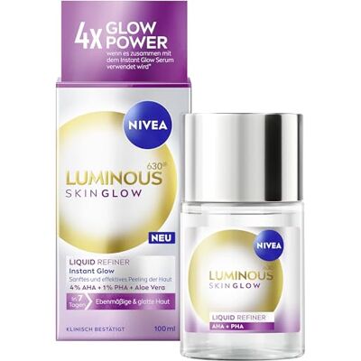NIVEA LUMINOUS630 Skin Glow Liquid Refiner, sanftes und effektives AHA Peeling für ebenmäßige und glatte Haut, porenverfeinernde Gesichtspflege mit 4% AHA, 1% PHA und Aloe Vera (100 ml) NIVEA LUMINOUS630 Skin Glow Liquid Refiner, sanftes und effektives AHA Peeling für ebenmäßige und glatte Haut, porenverfeinernde Gesichtspflege mit 4% AHA, 1% PHA und Aloe Vera (100 ml)
