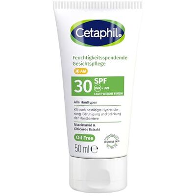 Cetaphil Feuchtigkeitsspendende Gesichtscreme SPF 30, 50 ml, Tagescreme mit LSF 30, leichte ölfreie Pflege mit Niacinamid & Vitamin E, UVA/UVB Schutz für empfindliche & trockene Haut Cetaphil Feuchtigkeitsspendende Gesichtscreme SPF 30, 50 ml, Tagescreme mit LSF 30, leichte ölfreie Pflege mit Niacinamid & Vitamin E, UVA/UVB Schutz für empfindliche & trockene Haut