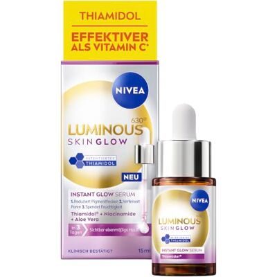 NIVEA LUMINOUS630 Skin Glow Instant Glow Serum, hocheffektives, leichtes Gesichtsserum für strahlende und ebenmäßige Haut, Gesichtspflege mit Thiamidol, Niacinamid & Aloe Vera (15 ml) NIVEA LUMINOUS630 Skin Glow Instant Glow Serum, hocheffektives, leichtes Gesichtsserum für strahlende und ebenmäßige Haut, Gesichtspflege mit Thiamidol, Niacinamid & Aloe Vera (15 ml)