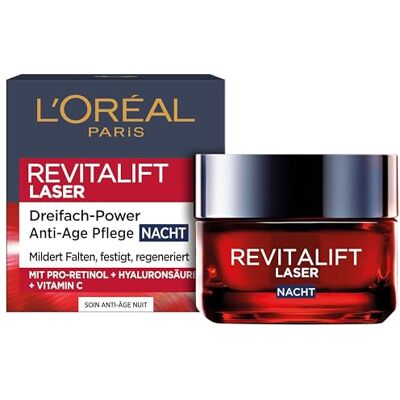 L'Oreal Paris L'Oréal Paris Anti-Aging-Nachtcreme mit Dreifachpower für Frauen: mildert Falten & strafft die Haut, mit Pro-Retinol, Hyaluronsäure und Vitamin C, RevitaLift Laser, 1x 50ml L'Oreal Paris L'Oréal Paris Anti-Aging-Nachtcreme mit Dreifachpower für Frauen: mildert Falten & strafft die Haut, mit Pro-Retinol, Hyaluronsäure und Vitamin C, RevitaLift Laser, 1x 50ml