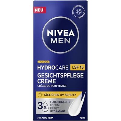 NIVEA MEN Hydrocare Gesichtspflege Creme mit LSF 15, schützende Feuchtigkeitscreme für Männer, 24h feuchtigkeitsspendende Gesichtscreme mit Aloe Vera und Pro Vitamin B5 (75 ml) NIVEA MEN Hydrocare Gesichtspflege Creme mit LSF 15, schützende Feuchtigkeitscreme für Männer, 24h feuchtigkeitsspendende Gesichtscreme mit Aloe Vera und Pro Vitamin B5 (75 ml)