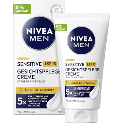 NIVEA MEN Sensitive Gesichtspflege Creme mit LSF 15, 24h Feuchtigkeitscreme für empfindliche Männerhaut, beruhigende Gesichtscreme zur Linderung von Hautirritationen (75 ml) NIVEA MEN Sensitive Gesichtspflege Creme mit LSF 15, 24h Feuchtigkeitscreme für empfindliche Männerhaut, beruhigende Gesichtscreme zur Linderung von Hautirritationen (75 ml)