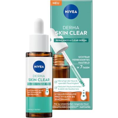 Beiersdorf NIVEA Derma Skin Clear Rebalance & Clear Serum, Gesichtspflege für ein sichtbar verbessertes Hautbild, feuchtigkeitsspendendes Hyaluron Serum mit Niacinamid (30 ml) Beiersdorf NIVEA Derma Skin Clear Rebalance & Clear Serum, Gesichtspflege für ein sichtbar verbessertes Hautbild, feuchtigkeitsspendendes Hyaluron Serum mit Niacinamid (30 ml)