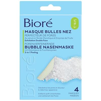 Bioré Bubble Nasenmaske Porenverfeinernd Mit Glykolsäure & Fruchtenzymen Inhalt: 4 Masken 2 in 1 Peeling Bioré Bubble Nasenmaske Porenverfeinernd Mit Glykolsäure & Fruchtenzymen Inhalt: 4 Masken 2 in 1 Peeling