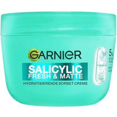 Garnier Salicylic Fresh und Matte Sorbet Creme gegen Unreinheiten, 85 ml Mit 4% Niacinamid und Salicylsäure, 24H Feuchtigkeit, mattierend, für ölige Haut, Fresh und Matte Garnier Salicylic Fresh und Matte Sorbet Creme gegen Unreinheiten, 85 ml Mit 4% Niacinamid und Salicylsäure, 24H Feuchtigkeit, mattierend, für ölige Haut, Fresh und Matte