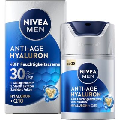 NIVEA MEN ANTI-AGE Hyaluron Feuchtigkeitscreme LSF 30, 50 ml Gesichtscreme angereichert mit Hyaluronsäure und Q10, Anti-Aging-Hautpflege für Männer für jünger aussehende Haut NIVEA MEN ANTI-AGE Hyaluron Feuchtigkeitscreme LSF 30, 50 ml Gesichtscreme angereichert mit Hyaluronsäure und Q10, Anti-Aging-Hautpflege für Männer für jünger aussehende Haut