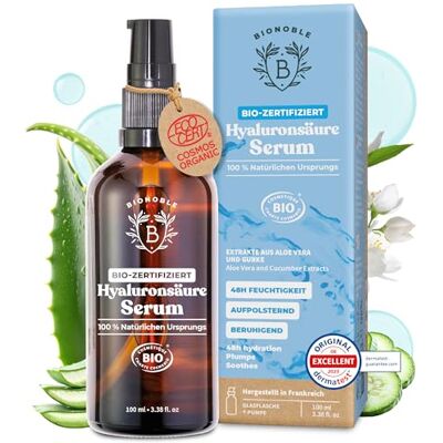 BIONOBLE Hyaluron Serum hochdosiert BIO-zertifiziert Hyaluronsäure Anti Aging und Anti Falten 100% natürlichen Ursprungs, Vegan Glasflasche mit Pumpe Hyaluronic Acid Serum Gesicht 100ml BIONOBLE Hyaluron Serum hochdosiert BIO-zertifiziert Hyaluronsäure Anti Aging und Anti Falten 100% natürlichen Ursprungs, Vegan Glasflasche mit Pumpe Hyaluronic Acid Serum Gesicht 100ml