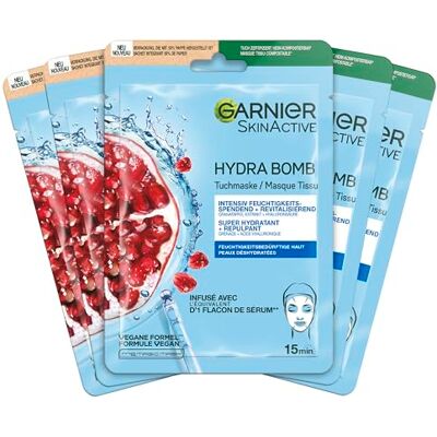 Garnier Tuchmaskenset Granatapfel fürs Gesicht bei trockener Haut, Revitalisierend und feuchtigkeitsspendend, Mit Hyaluronsäure und Granatapfelextrakt, SkinActive, Hydra Bomb, 5x 28g Garnier Tuchmaskenset Granatapfel fürs Gesicht bei trockener Haut, Revitalisierend und feuchtigkeitsspendend, Mit Hyaluronsäure und Granatapfelextrakt, SkinActive, Hydra Bomb, 5x 28g