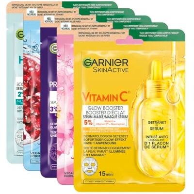 Garnier SkinActive Tuchmasken Set, Tuchmasken für das Gesicht, Feuchtigkeitsspendende Gesichtsmasken, Erfrischend, Revitalisierend, Glättend, Sanft strahlend, Glow boostend, 5 Stück Garnier SkinActive Tuchmasken Set, Tuchmasken für das Gesicht, Feuchtigkeitsspendende Gesichtsmasken, Erfrischend, Revitalisierend, Glättend, Sanft strahlend, Glow boostend, 5 Stück