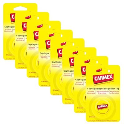 Carmex Classic Tiegel Lippenpflege für trockene Lippen Lippenbalsam rissige Lippen Lip Balm feuchtigkeitsspendend & beruhigend mit Vaseline, Vitamin E und Bienenwachs 8 Stück x 7,5 g Carmex Classic Tiegel Lippenpflege für trockene Lippen Lippenbalsam rissige Lippen Lip Balm feuchtigkeitsspendend & beruhigend mit Vaseline, Vitamin E und Bienenwachs 8 Stück x 7,5 g