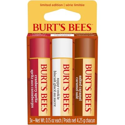 Burt's Bees Lippenbalsam Geschenkset, Cranberry Spritz, Salted Caramel, Sugar Cookie, Lippenpflege-Multipack, 100 prozent natürlichen Ursprungs, 3 x 4.25 g Burt's Bees Lippenbalsam Geschenkset, Cranberry Spritz, Salted Caramel, Sugar Cookie, Lippenpflege-Multipack, 100 prozent natürlichen Ursprungs, 3 x 4.25 g
