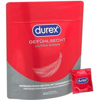 Durex Gefühlsecht Ultra Kondome – Extra dünne Spitze & mit Silikongleitgel befeuchtet – 30er Pack (1 x 30 Stück) Durex Gefühlsecht Ultra Kondome – Extra dünne Spitze & mit Silikongleitgel befeuchtet – 30er Pack (1 x 30 Stück)