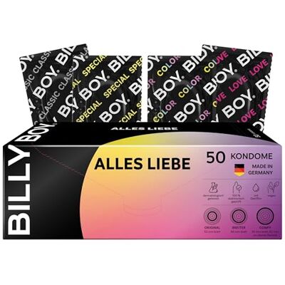 Billy Boy Kondome Alles Liebe 50er 52 mm, 55 mm, 56 mm Kondommix in verschiedenen Passformen Transparent, farbig, fruchtig, Rippen/Perl & mit integriertem Ring 1x50 Stück Billy Boy Kondome Alles Liebe 50er 52 mm, 55 mm, 56 mm Kondommix in verschiedenen Passformen Transparent, farbig, fruchtig, Rippen/Perl & mit integriertem Ring 1x50 Stück