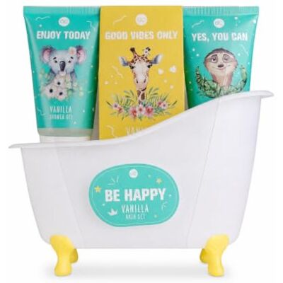 accentra Geschenkset BE HAPPY in Badewanne mit Vanilleduft, 4-teilig Pflegeüberraschung mit Duschgel, Bodylotion, Badesalz und Netzschwamm, originelle Präsentation in einer weißen Badewanne accentra Geschenkset BE HAPPY in Badewanne mit Vanilleduft, 4-teilig Pflegeüberraschung mit Duschgel, Bodylotion, Badesalz und Netzschwamm, originelle Präsentation in einer weißen Badewanne