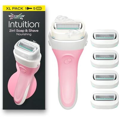Wilkinson Sword Intuition 2in1 Soap and Shave Nourishing Damenrasierer, Integrierte vegane Seife, XL-Packung, Damenrasiergriff plus 5 Ersatzklingen Wilkinson Sword Intuition 2in1 Soap and Shave Nourishing Damenrasierer, Integrierte vegane Seife, XL-Packung, Damenrasiergriff plus 5 Ersatzklingen
