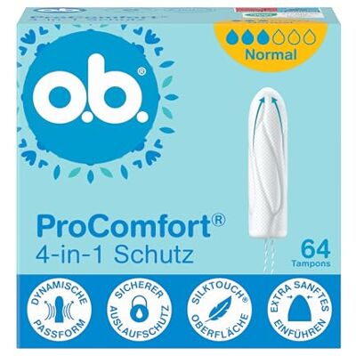 o.b. ProComfort normal 4-in-1 Schutz Tampons (1 x 64 Stk) Mit Extra Sanfter Spitze für Einfaches Einführen und Bis Zu 100% Auslaufschutz Ideal Für Sport und Alltag o.b. ProComfort normal 4-in-1 Schutz Tampons (1 x 64 Stk) Mit Extra Sanfter Spitze für Einfaches Einführen und Bis Zu 100% Auslaufschutz Ideal Für Sport und Alltag