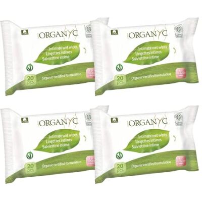 Organyc Feuchte Intimpflegetücher aus 100% zertifizierter Bio-Baumwolle 4 Packungen zu je 20 Feuchttücher (Insgesamt 80 Stück) Organyc Feuchte Intimpflegetücher aus 100% zertifizierter Bio-Baumwolle 4 Packungen zu je 20 Feuchttücher (Insgesamt 80 Stück)