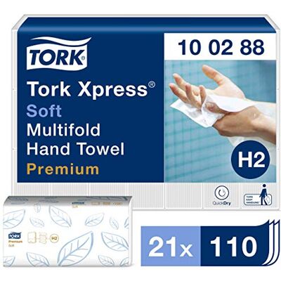 Tork Xpress weiche Multifold Papierhandtücher 100288 H2 21 x 110 Tücher Premium Falthandtücher für Handtuchspender weich und saugfähig, 2-lagig, weiß Tork Xpress weiche Multifold Papierhandtücher 100288 H2 21 x 110 Tücher Premium Falthandtücher für Handtuchspender weich und saugfähig, 2-lagig, weiß