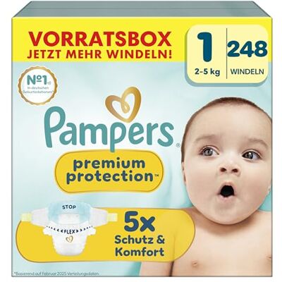 Pampers Premium Protection Größe 1, 248 Windeln, 2kg-5kg, unser Nr. 1 Haut- und Auslaufschutz Pampers Premium Protection Größe 1, 248 Windeln, 2kg-5kg, unser Nr. 1 Haut- und Auslaufschutz