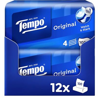 Tempo Original Taschentücher Box Vorteilspack 12 Boxen, 100 Tücher pro Box extra starke, weiche Papiertaschentücher, waschmaschinenfest Tempo Original Taschentücher Box Vorteilspack 12 Boxen, 100 Tücher pro Box extra starke, weiche Papiertaschentücher, waschmaschinenfest
