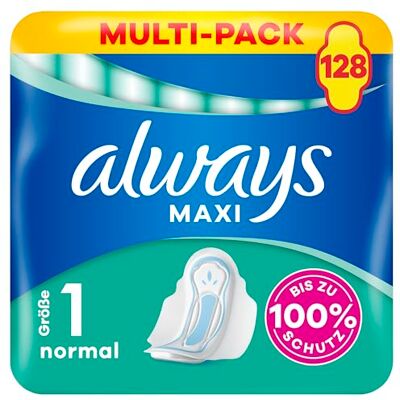Always Maxi Normal Binden (Größe 1) Flügel 128 Stück (8 x 16), Für Stärkere Tage, Damenbinden, Bis Zu 100 Prozent Schutz & Komfort-Kissen Always Maxi Normal Binden (Größe 1) Flügel 128 Stück (8 x 16), Für Stärkere Tage, Damenbinden, Bis Zu 100 Prozent Schutz & Komfort-Kissen