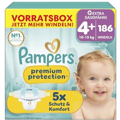 Pampers Premium Protection Größe 4+, 186 Windeln, 10kg-15kg, unser Nr. 1 Haut- und Auslaufschutz Pampers Premium Protection Größe 4+, 186 Windeln, 10kg-15kg, unser Nr. 1 Haut- und Auslaufschutz