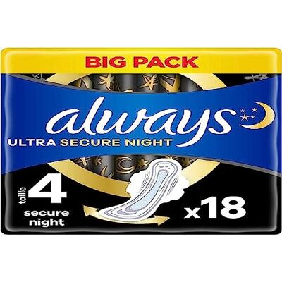 Always Ultra Damenbinden, Größe 4, Secure Night, 18 Handtücher mit Flügeln, reichlich Fluss bei Nacht, maximaler Komfort, super saugfähig und ultradünn Always Ultra Damenbinden, Größe 4, Secure Night, 18 Handtücher mit Flügeln, reichlich Fluss bei Nacht, maximaler Komfort, super saugfähig und ultradünn