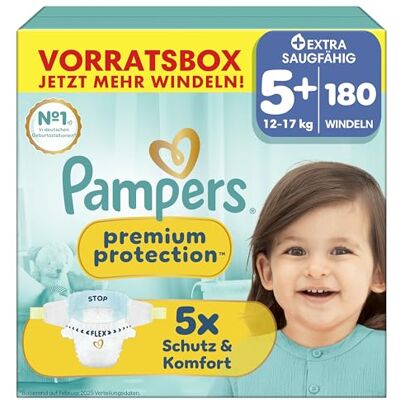 Pampers Premium Protection Größe 5+, 180 Windeln, 12kg-17kg, unser Nr. 1 Haut- und Auslaufschutz Pampers Premium Protection Größe 5+, 180 Windeln, 12kg-17kg, unser Nr. 1 Haut- und Auslaufschutz